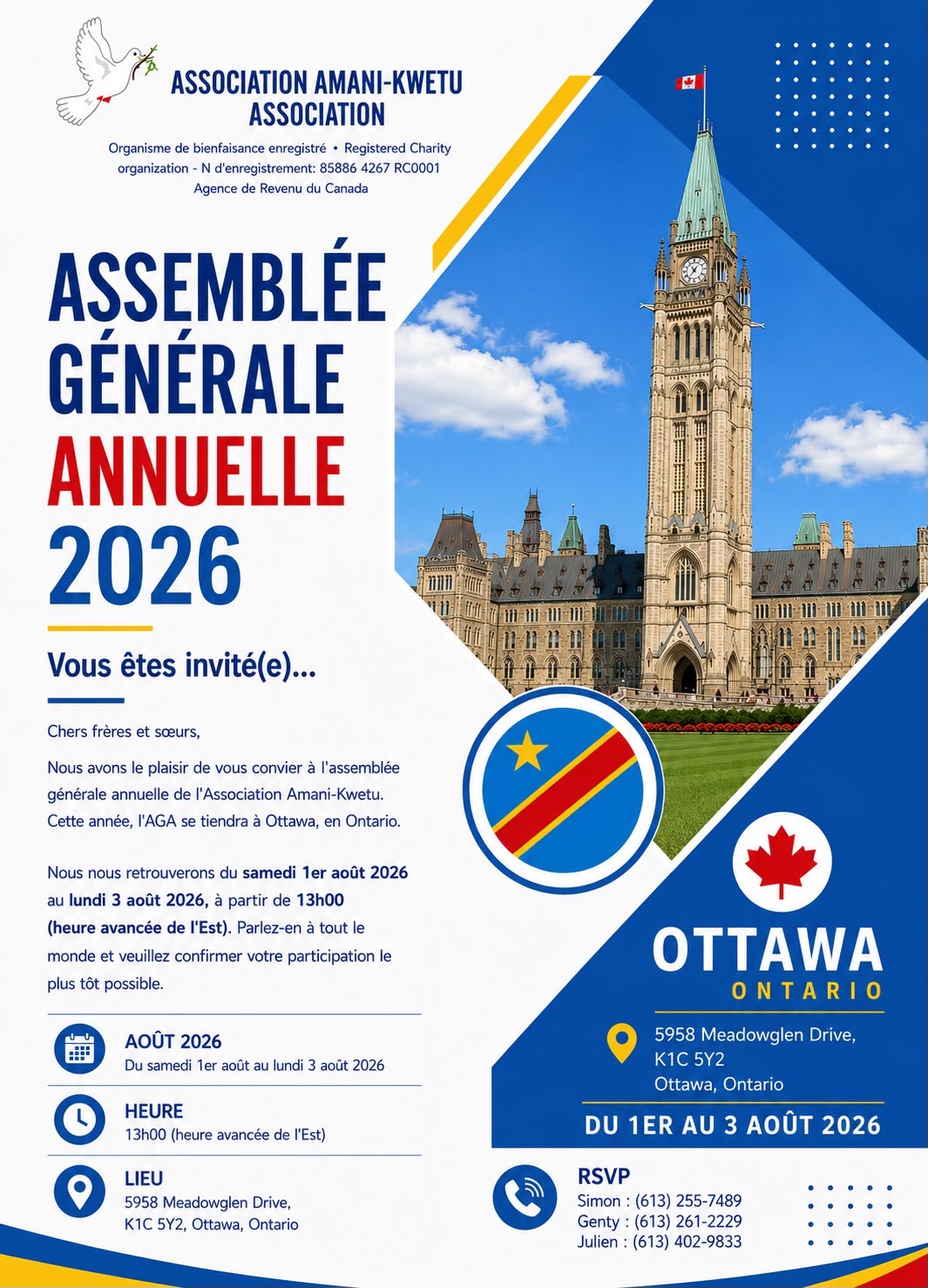 Invitation à l'assemblée générale annuelle 2026 de l'Association Amani-Kwetu, Ottawa, du 1er au 3 août 2026